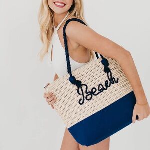 Beach Bum Raffia Tote Bag in Navy